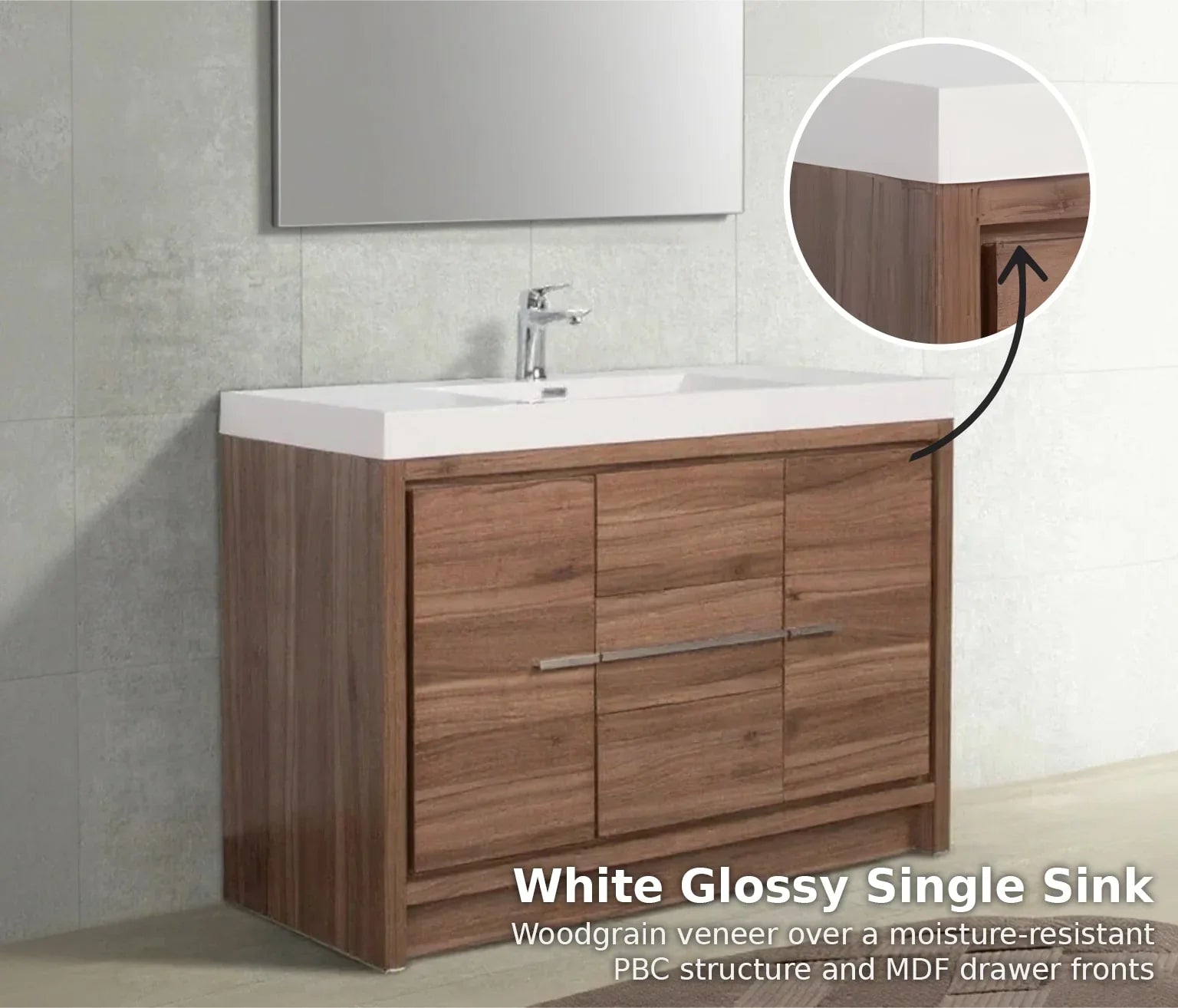 48" Walnut Freestanding Bathroom Vanity with White Polymarble Countertop