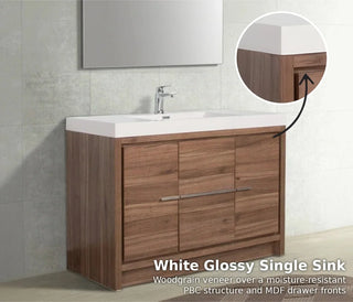 48" Walnut Freestanding Bathroom Vanity with White Polymarble Countertop
