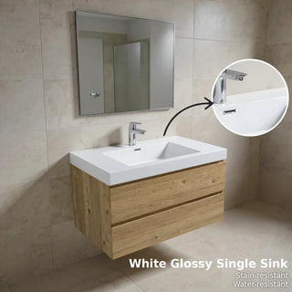 36" Rough Oak Wall Mount Bathroom Vanity with White Polymarble Countertop