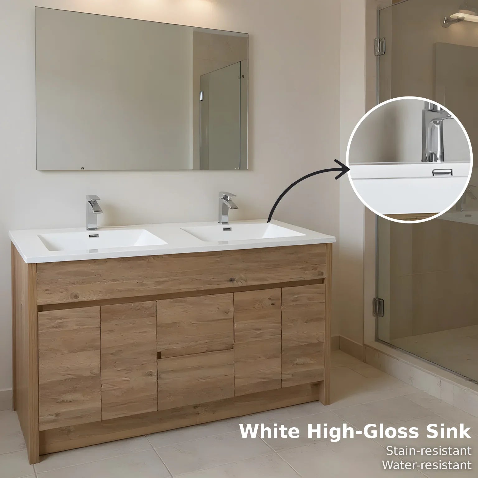 60" Rough Oak Freestanding Double Sink Bathroom Vanity with White Polymarble Countertop