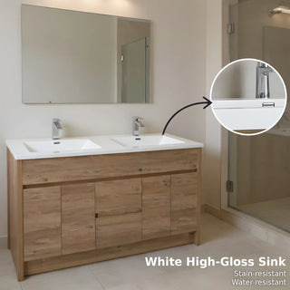 60" Rough Oak Freestanding Double Sink Bathroom Vanity with White Polymarble Countertop