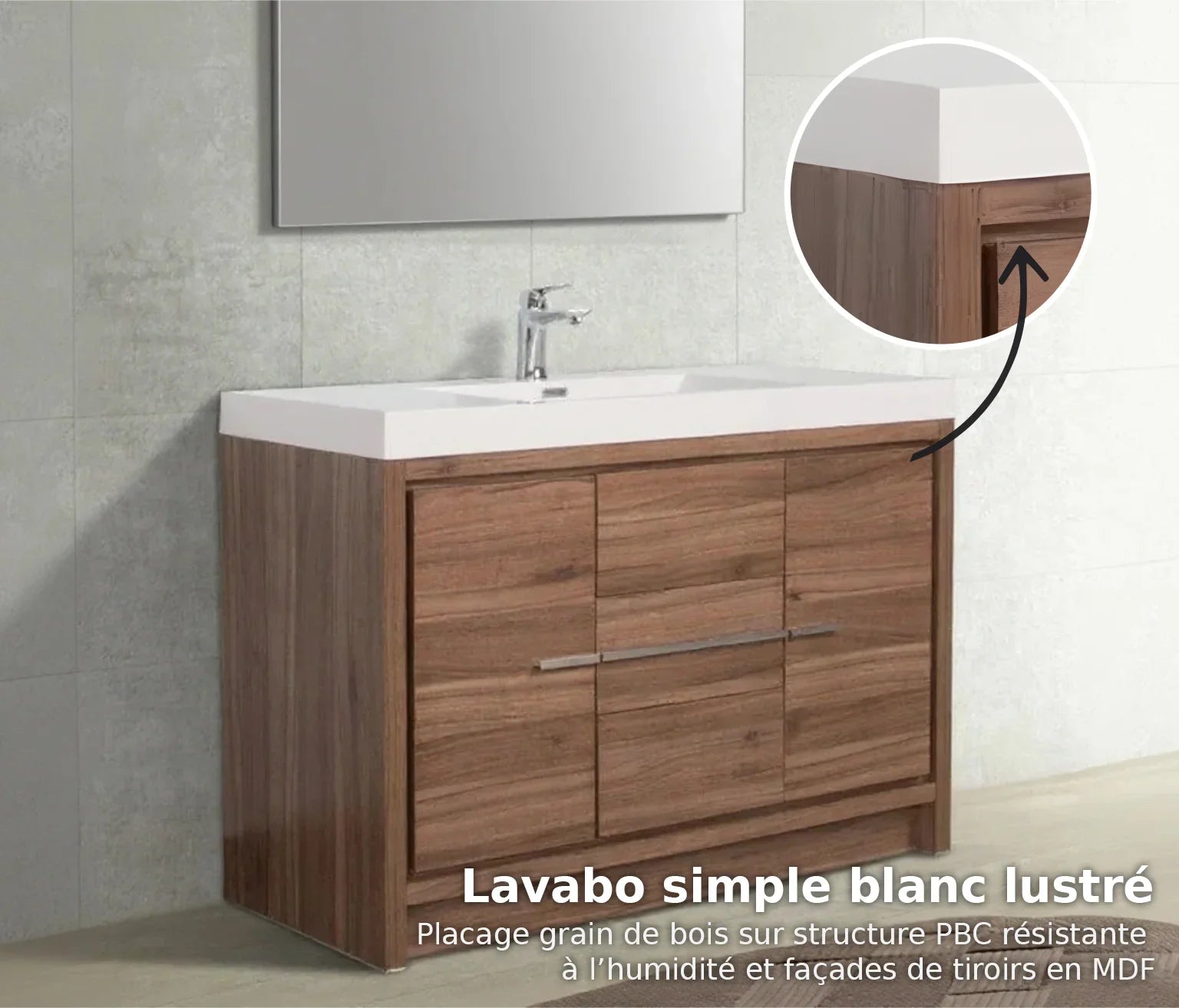 48" Walnut Freestanding Bathroom Vanity with White Polymarble Countertop