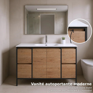 48" Rough Oak and Black Metal Frame Freestanding Single Sink Bathroom Vanity with White Ceramic Countertop