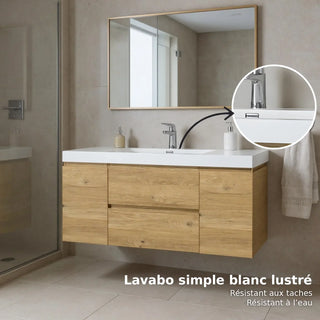 48" Rough Oak Wall Mount Single Sink Bathroom Vanity with White Polymarble Countertop