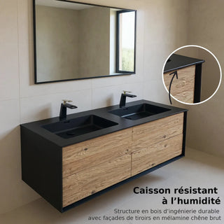 60" Black & Rough Oak Wall Mount Double Sink Bathroom Vanity with Black Engineered Quartz Countertop