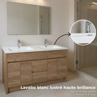 60" Rough Oak Freestanding Double Sink Bathroom Vanity with White Polymarble Countertop