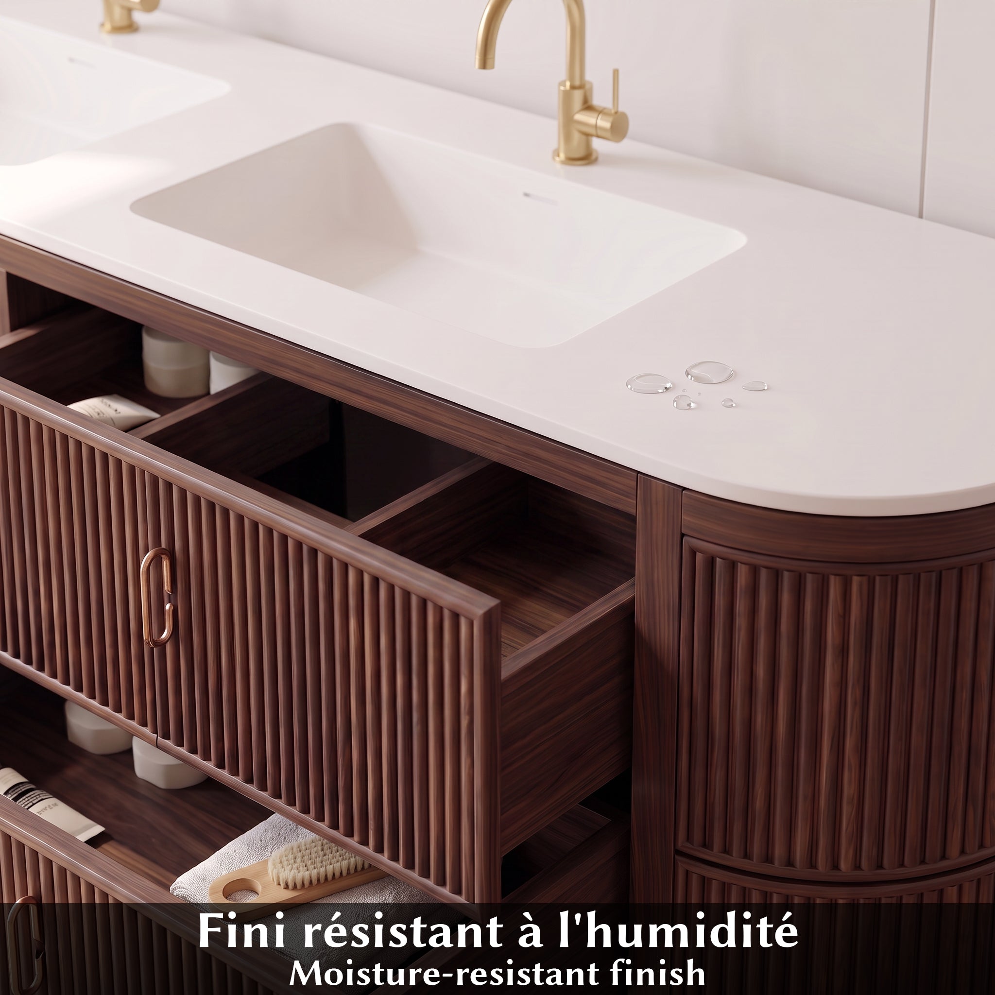 72" Walnut Curved Fluted Bathroom Vanity - Matte White Countertop