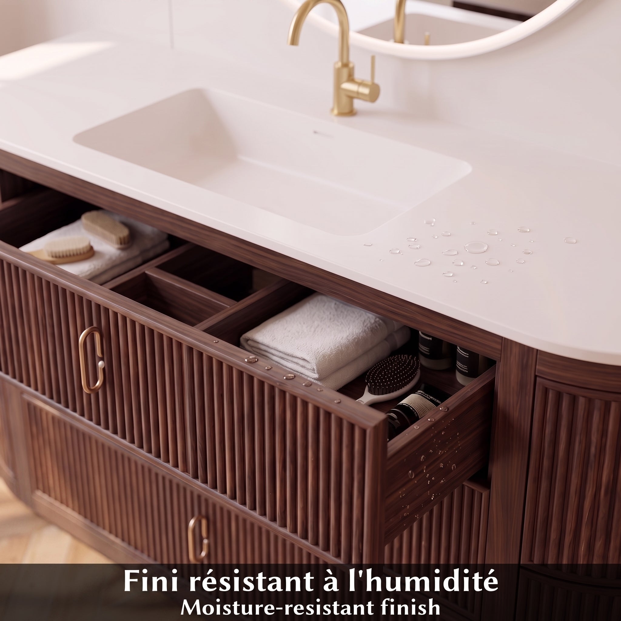 60" Walnut Curved Fluted Bathroom Vanity - Matte White Countertop