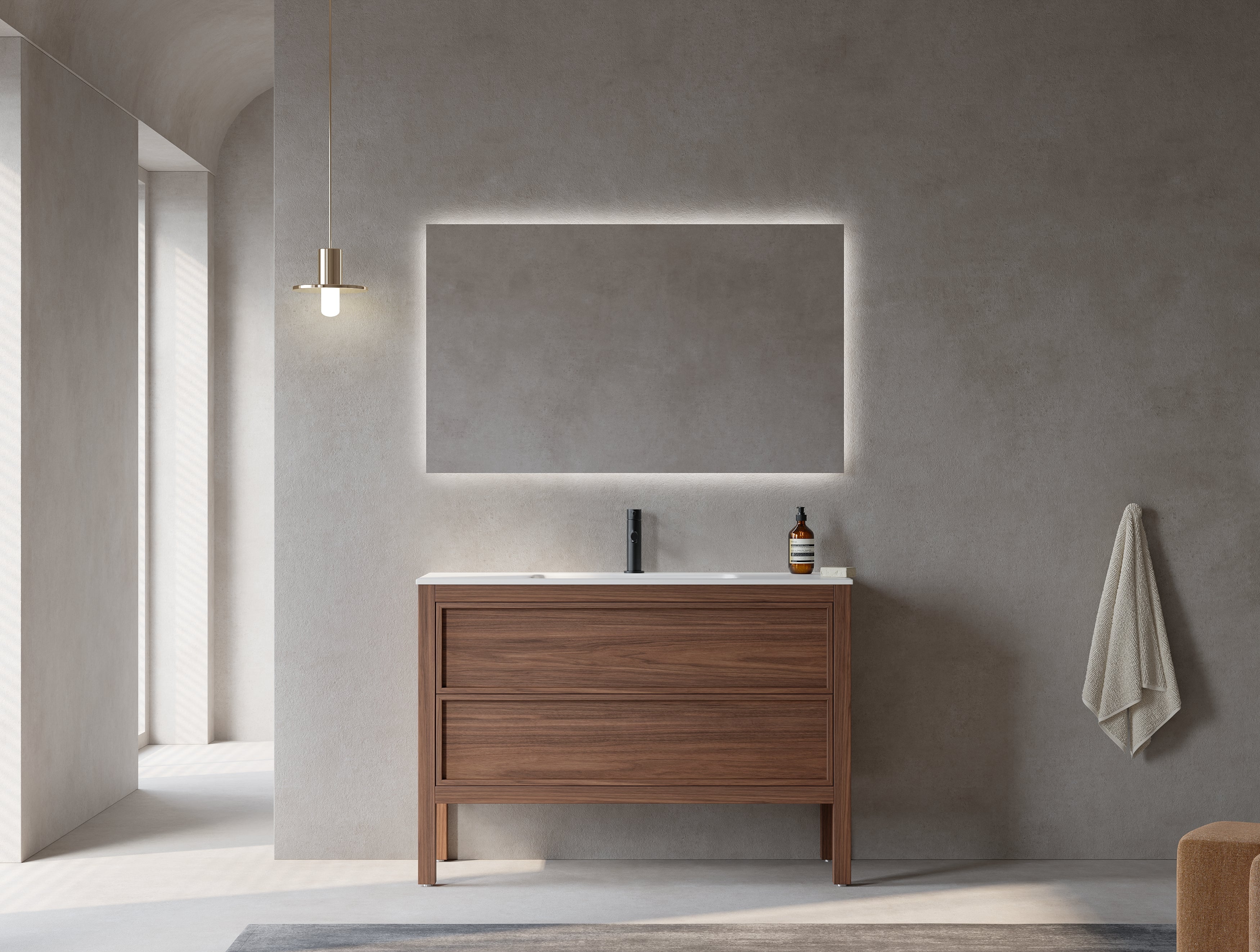 Meuble-lavabo de salle de bain autoportant de 48 po en noyer naturel avec comptoir blanc mat en surface solide