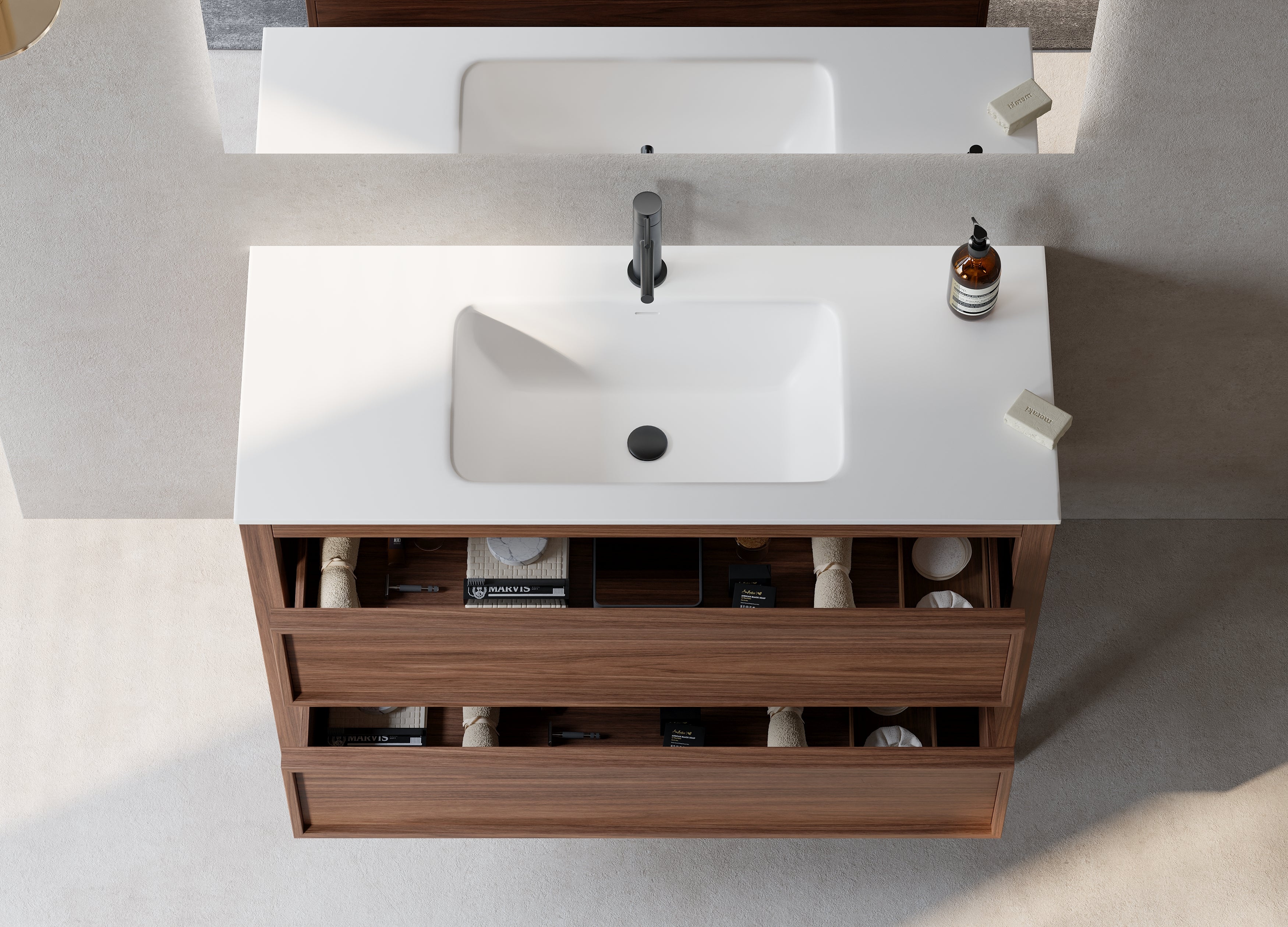 Meuble-lavabo de salle de bain autoportant de 48 po en noyer naturel avec comptoir blanc mat en surface solide