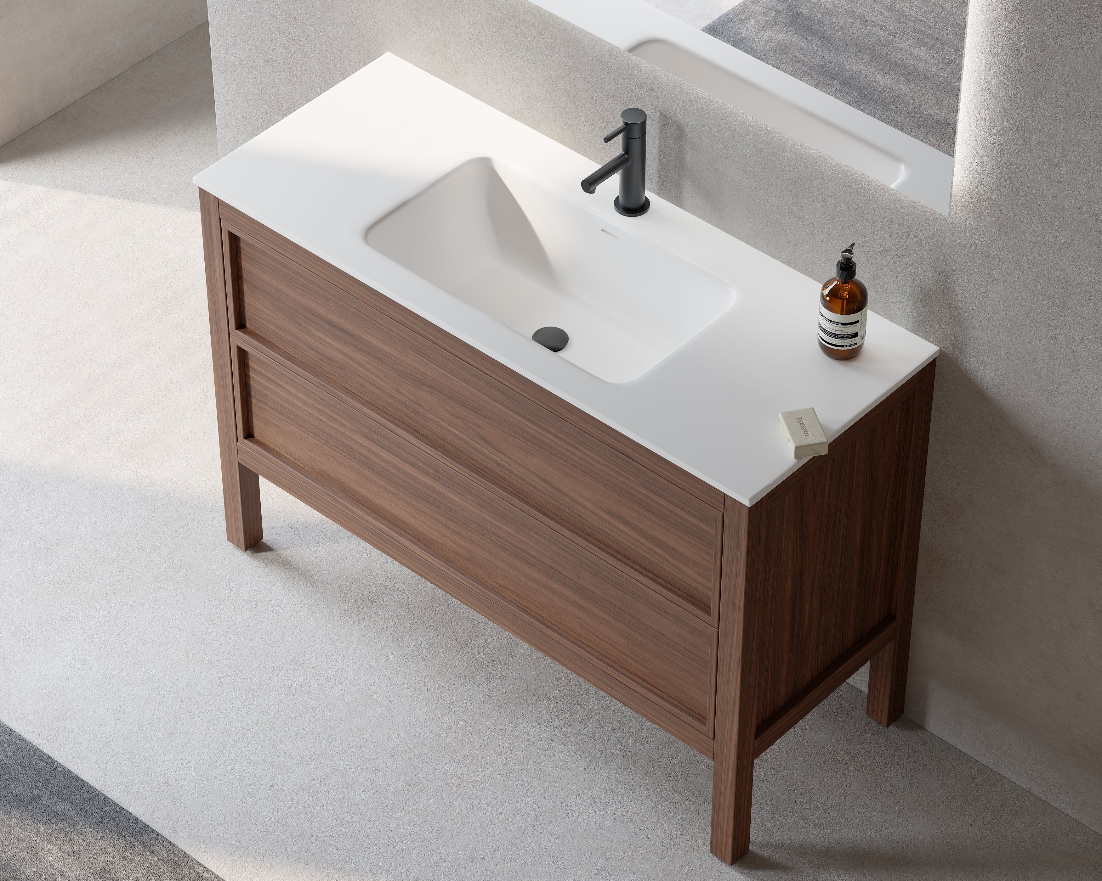48" Natural Walnut Freestanding Single Sink Bathroom Vanity with White Matte Solid Surface Countertop