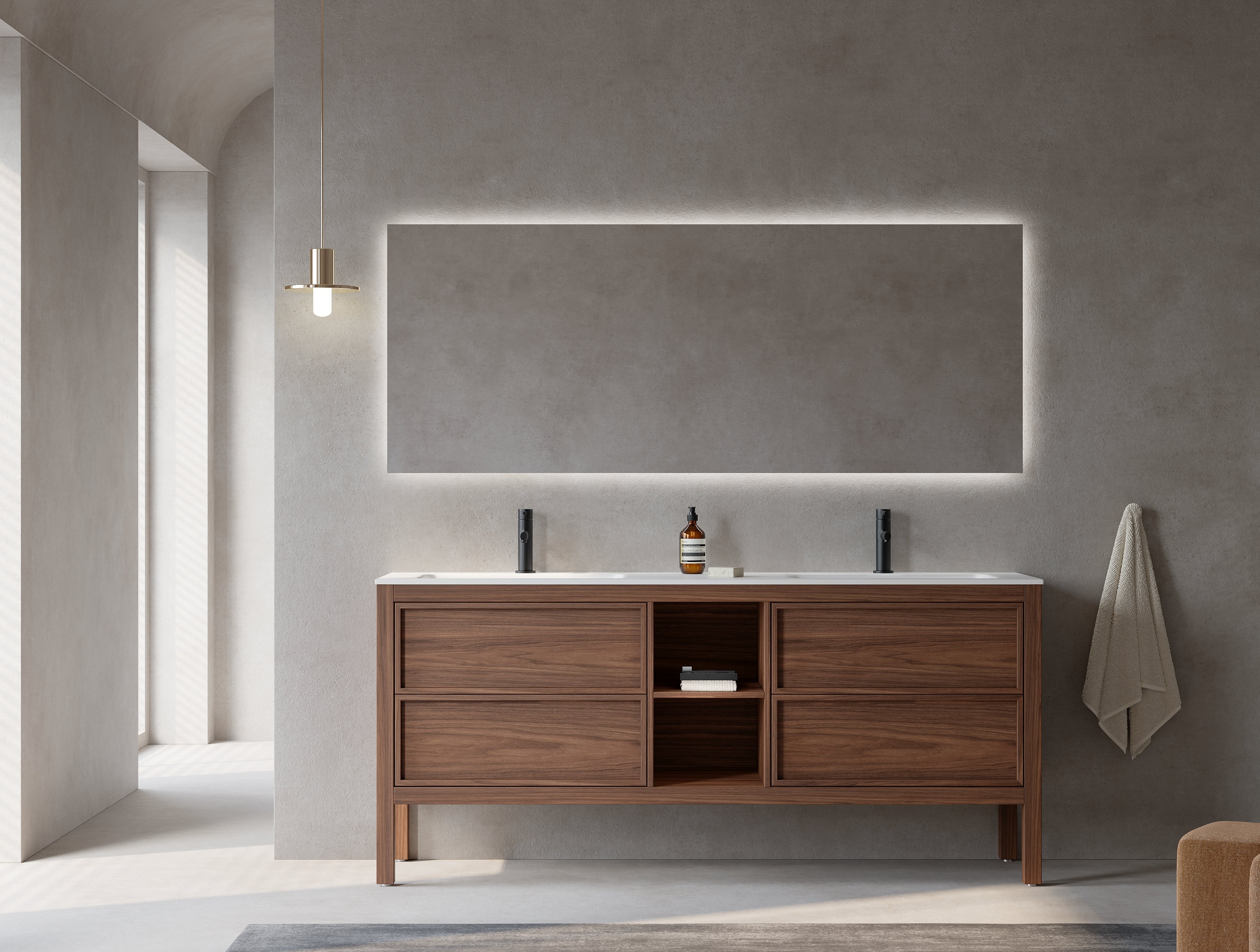 72" Natural Walnut Freestanding Double Sink Bathroom Vanity with White Matte Solid Surface Countertop