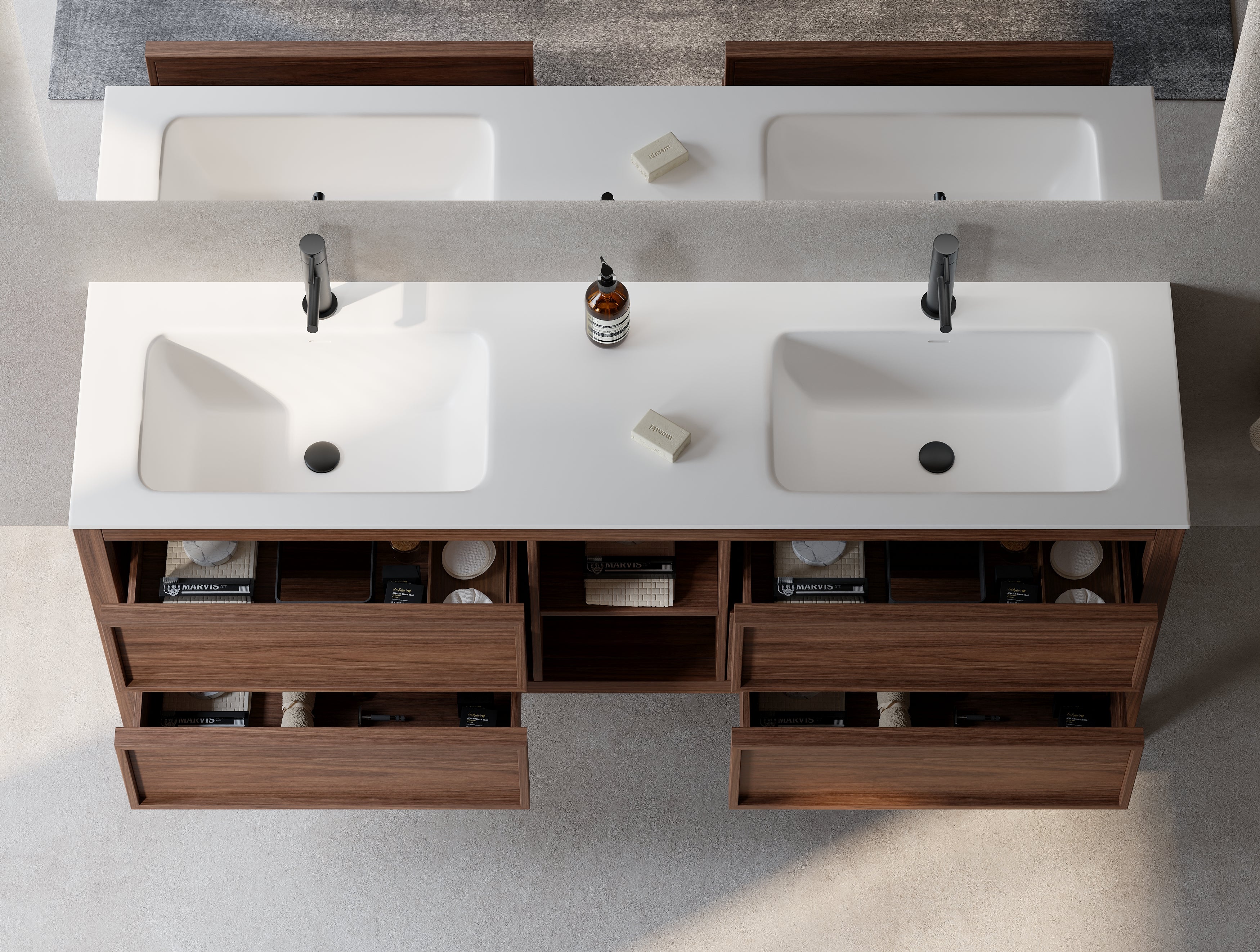 72" Natural Walnut Freestanding Double Sink Bathroom Vanity with White Matte Solid Surface Countertop