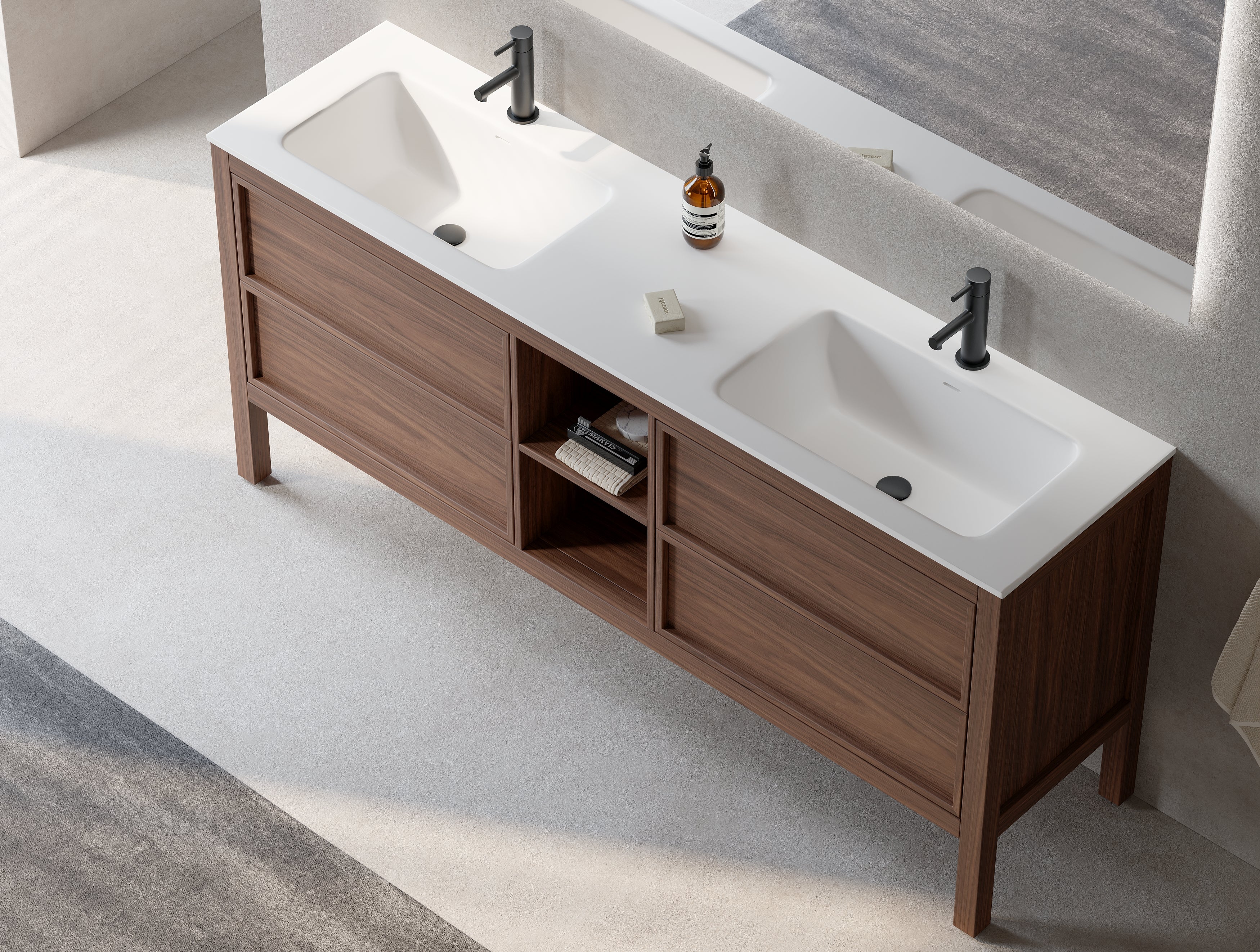 72" Natural Walnut Freestanding Double Sink Bathroom Vanity with White Matte Solid Surface Countertop