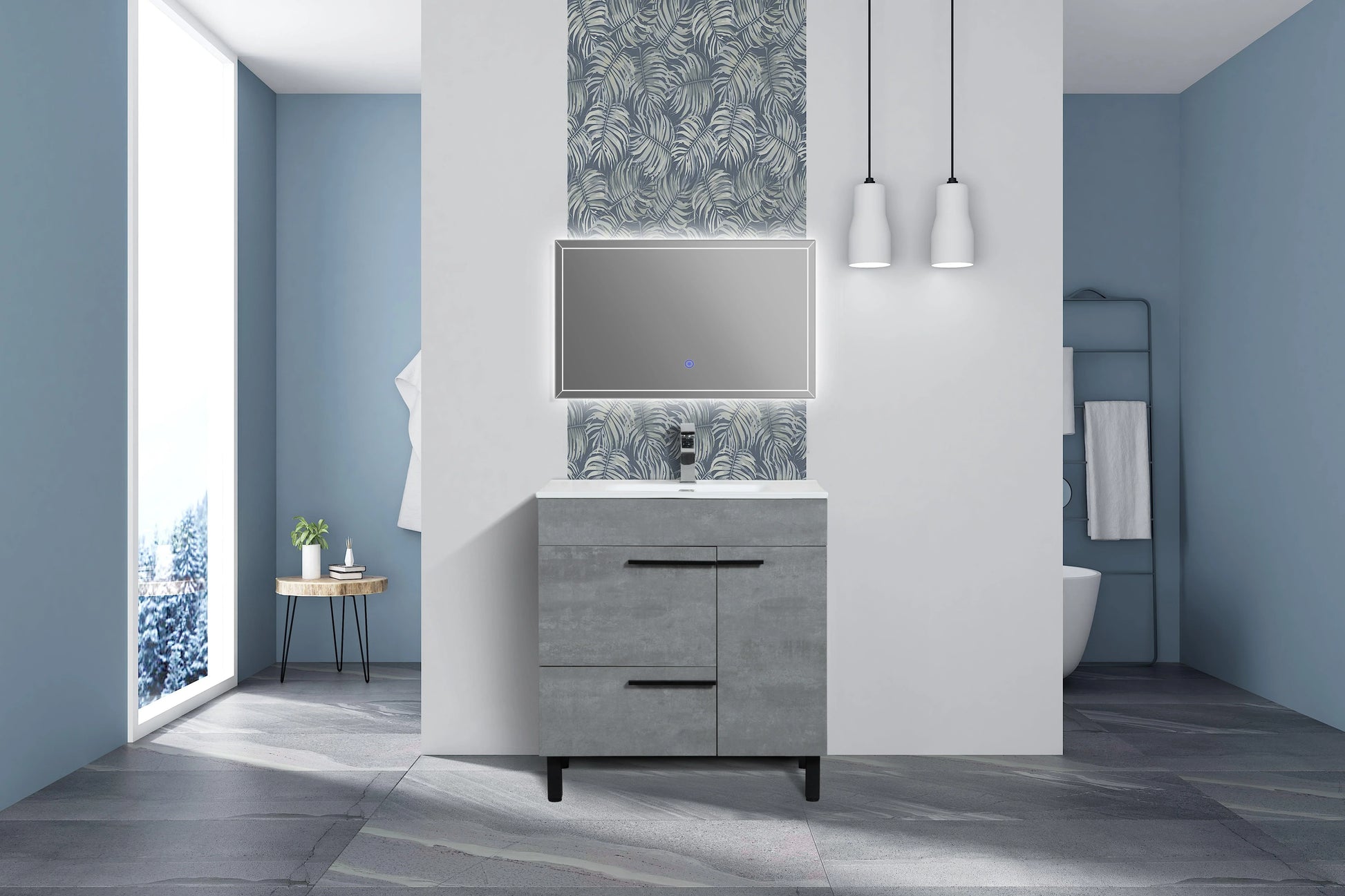 36" Cement Freestanding Single Sink Bathroom Vanity w/ White Ceramic Countertop Odessa - Golden Elite Deco