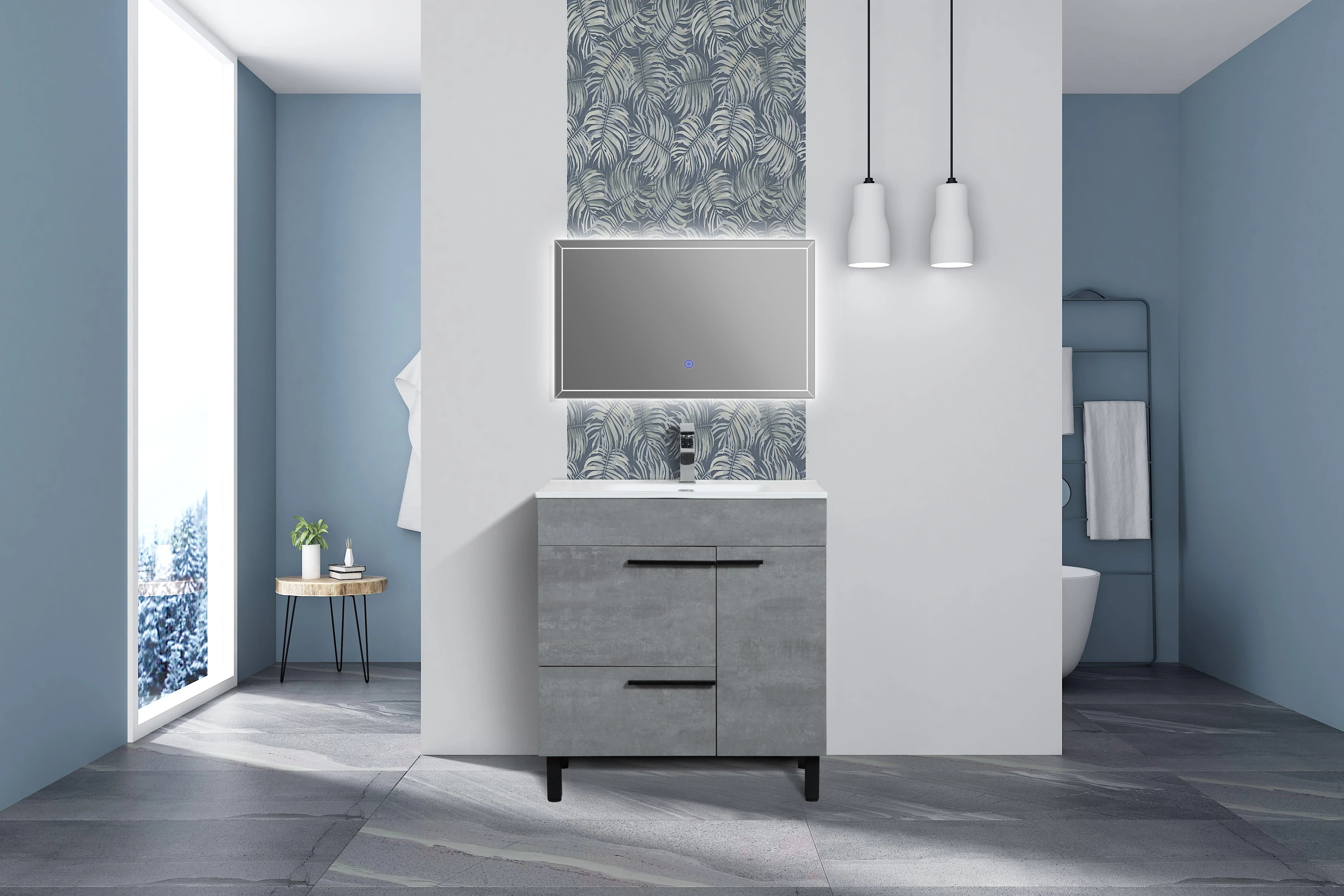 36" Cement Freestanding Single Sink Bathroom Vanity w/ White Ceramic Countertop Odessa - Golden Elite Deco