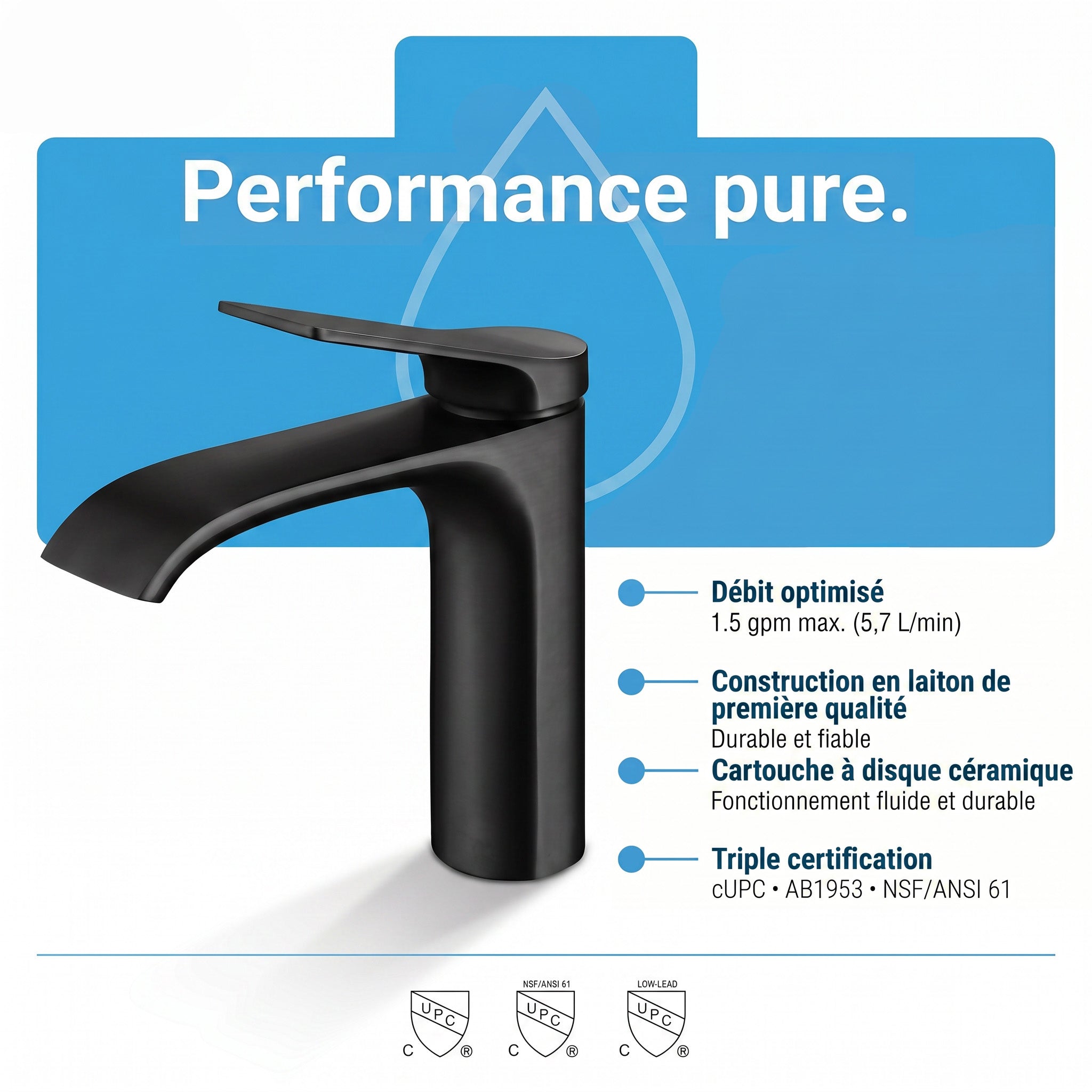 Robinet de Lavabo de Salle de Bains à 1 Poignée Palma en Noir Mat