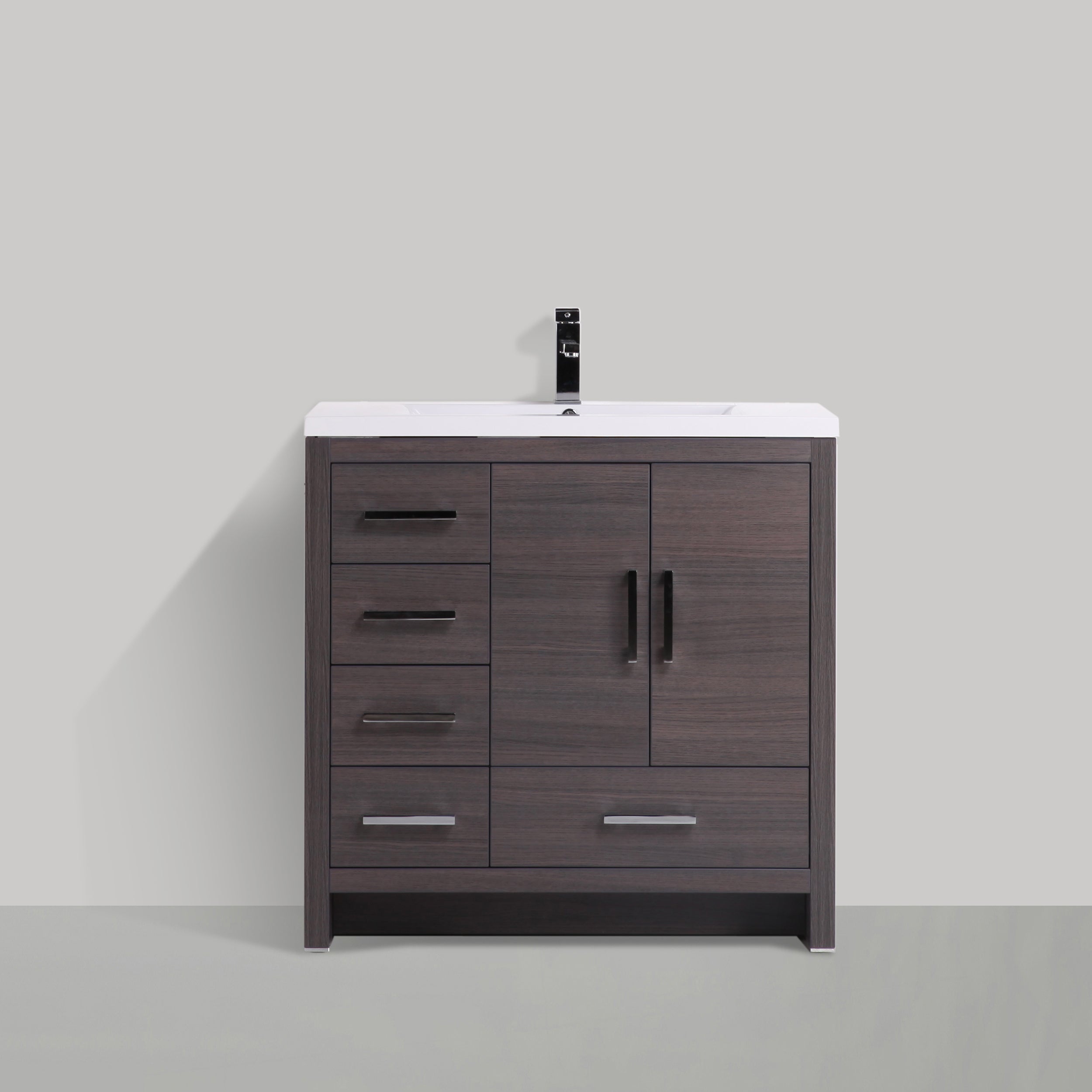 Meuble-lavabo autoportant 36po brun foncé avec comptoir en polymarbre blanc