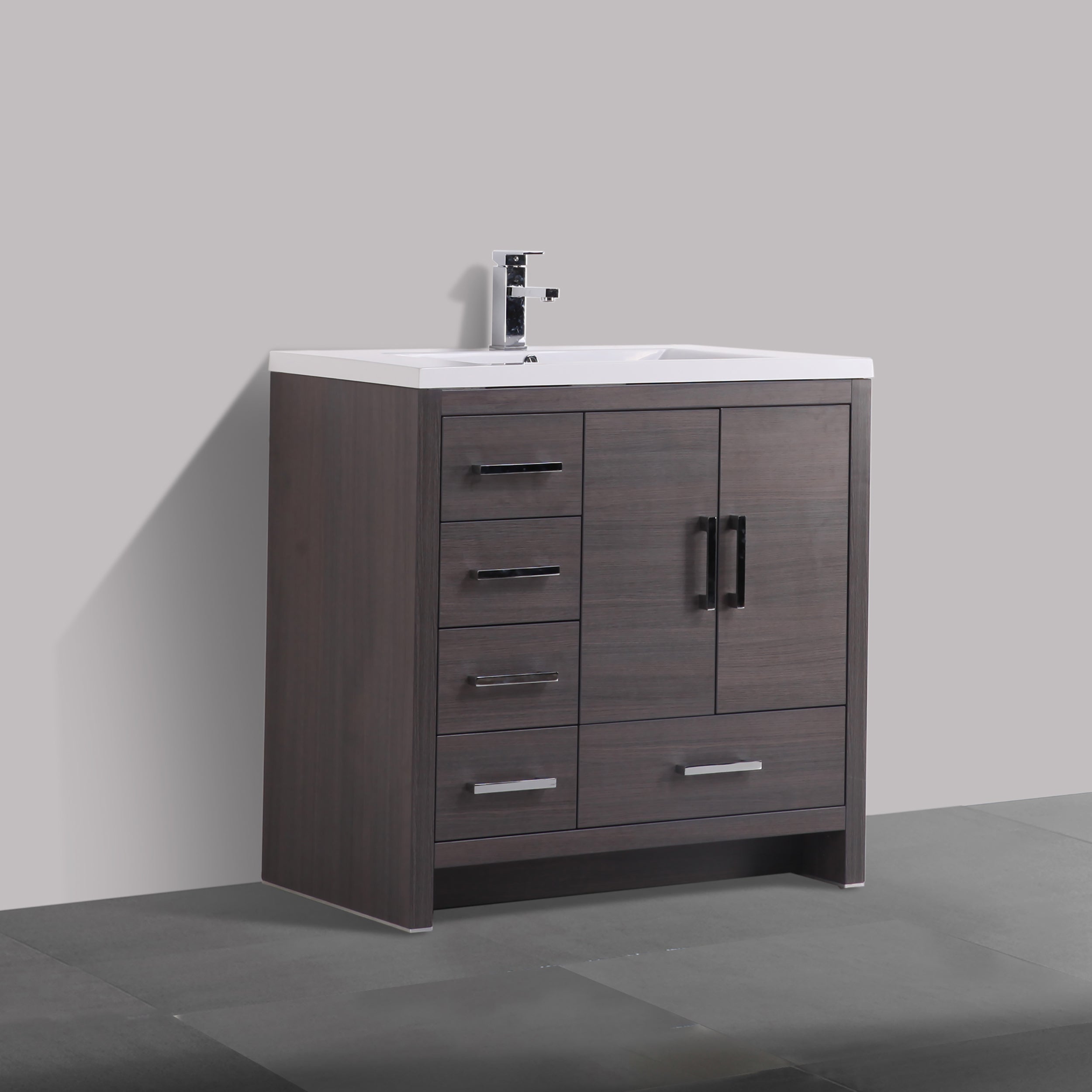 Meuble-lavabo autoportant 36po brun foncé avec comptoir en polymarbre blanc