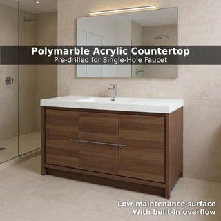60" Walnut Freestanding Single Sink Bathroom Vanity with White Polymarble Countertop