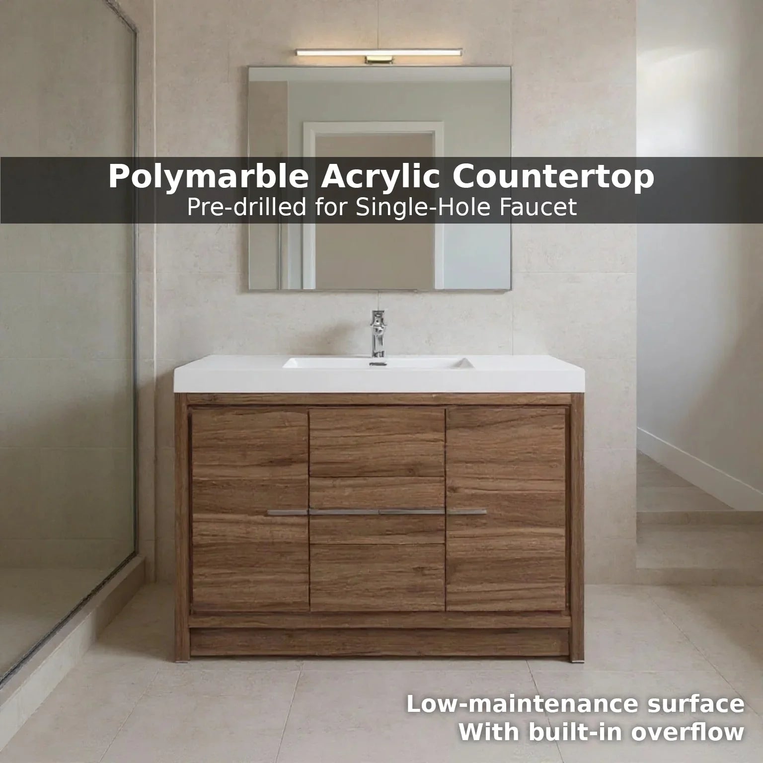 42" Walnut Freestanding Bathroom Vanity with White Polymarble Countertop