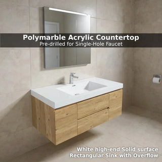 48" Rough Oak Wall Mount Single Sink Bathroom Vanity with White Polymarble Countertop