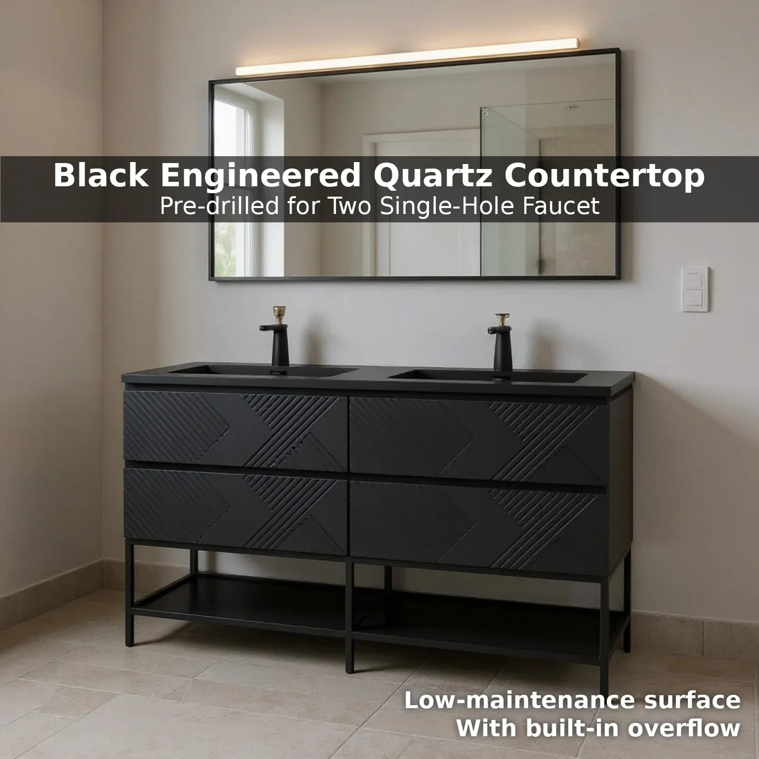 Meuble-lavabo mural noir 60" avec Comptoir en quartz technique noir