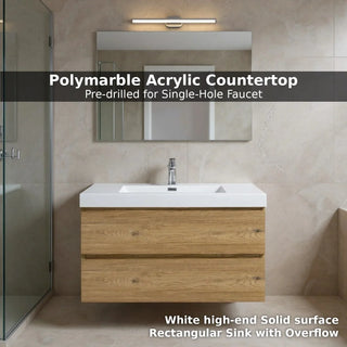 36" Rough Oak Wall Mount Bathroom Vanity with White Polymarble Countertop