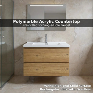 Meuble-lavabo mural de salle de bain en chêne brut 30" avec Comptoir en polymarbre blanc