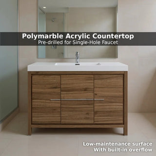 48" Walnut Freestanding Bathroom Vanity with White Polymarble Countertop