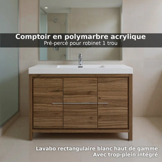 48" Walnut Freestanding Bathroom Vanity with White Polymarble Countertop