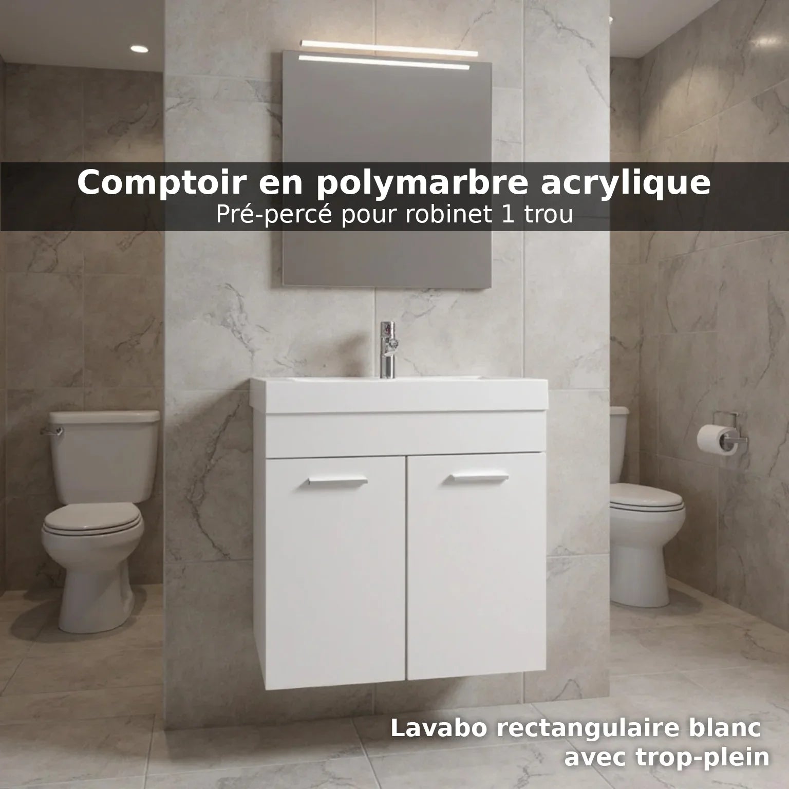 Meuble-lavabo Mural Blanc de 24 po avec Comptoir en Polymarbre Blanc