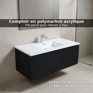 Meuble-Lavabo Mural 48po Noir avec Comptoir en Polymarbre Blanc