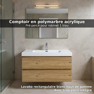 36" Rough Oak Wall Mount Bathroom Vanity with White Polymarble Countertop