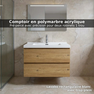 Meuble-lavabo mural de salle de bain en chêne brut 30" avec Comptoir en polymarbre blanc