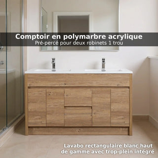 60" Rough Oak Freestanding Double Sink Bathroom Vanity with White Polymarble Countertop