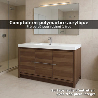 60" Walnut Freestanding Single Sink Bathroom Vanity with White Polymarble Countertop