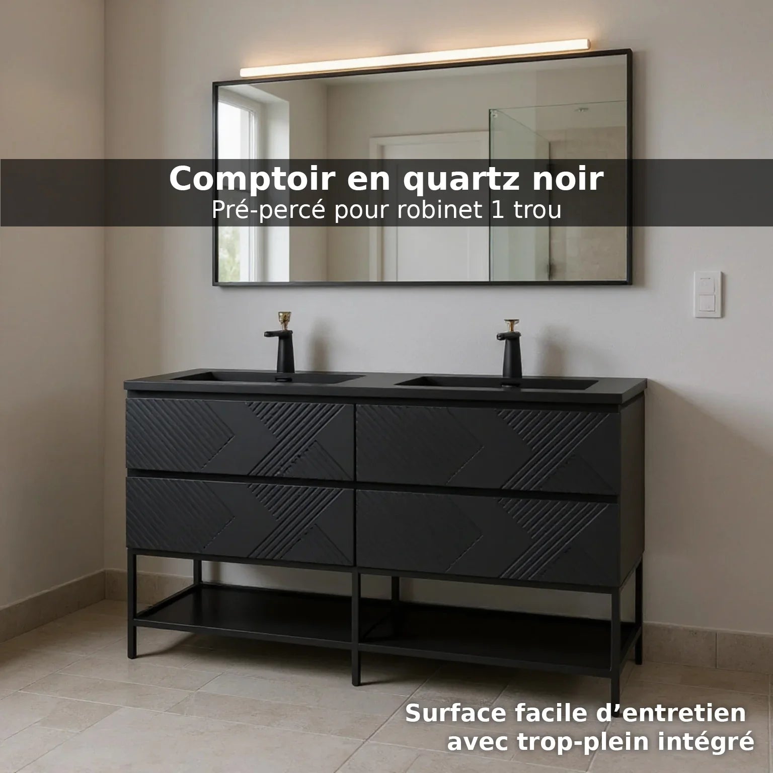 Meuble-lavabo mural noir 60" avec Comptoir en quartz technique noir