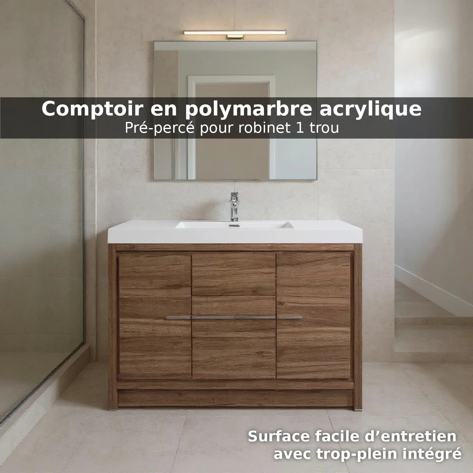 42" Walnut Freestanding Bathroom Vanity with White Polymarble Countertop