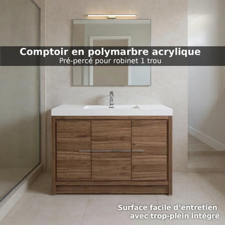 42" Walnut Freestanding Bathroom Vanity with White Polymarble Countertop