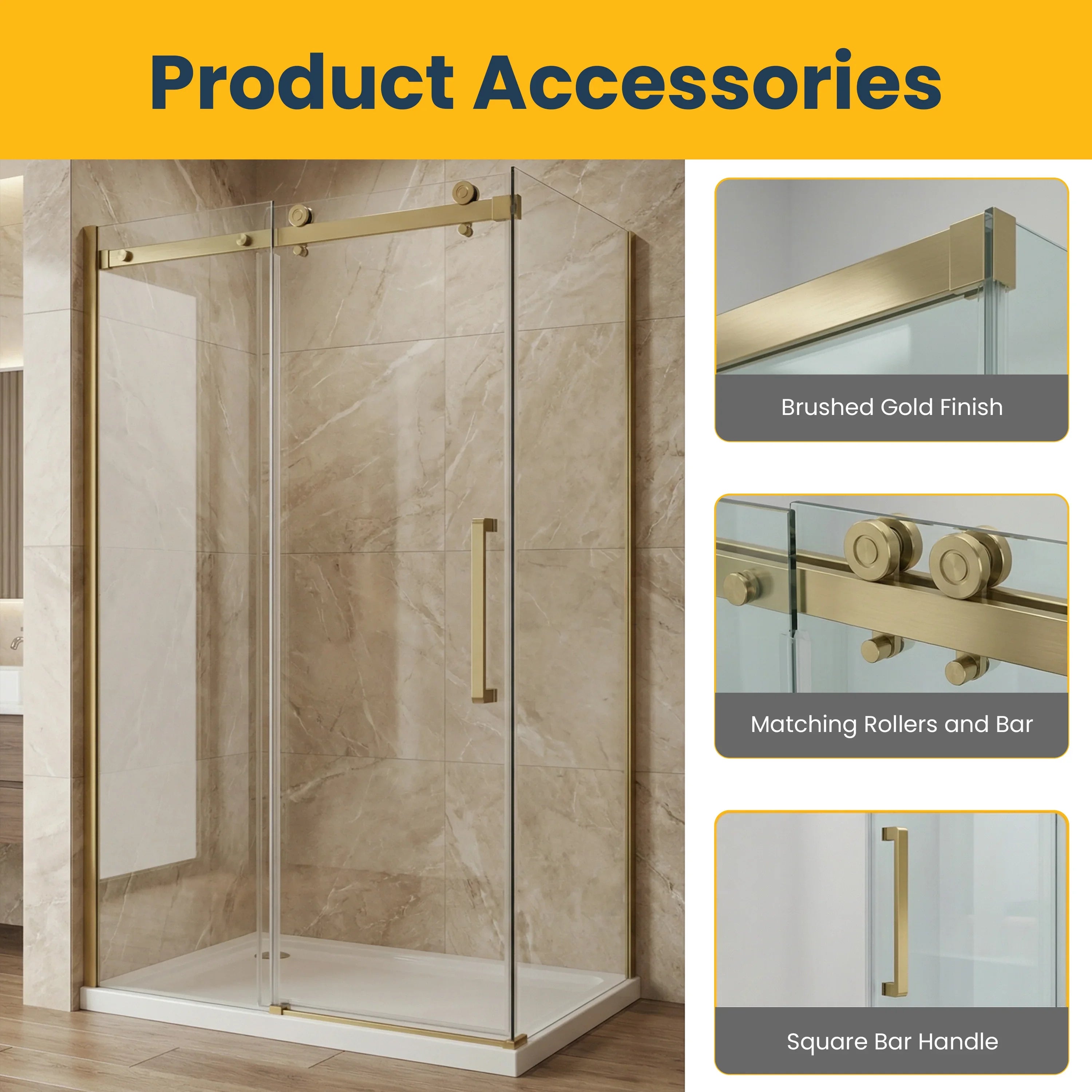 Porte de douche coulissante 48po x 32po x 75po en or brossé avec panneau latéral 32po