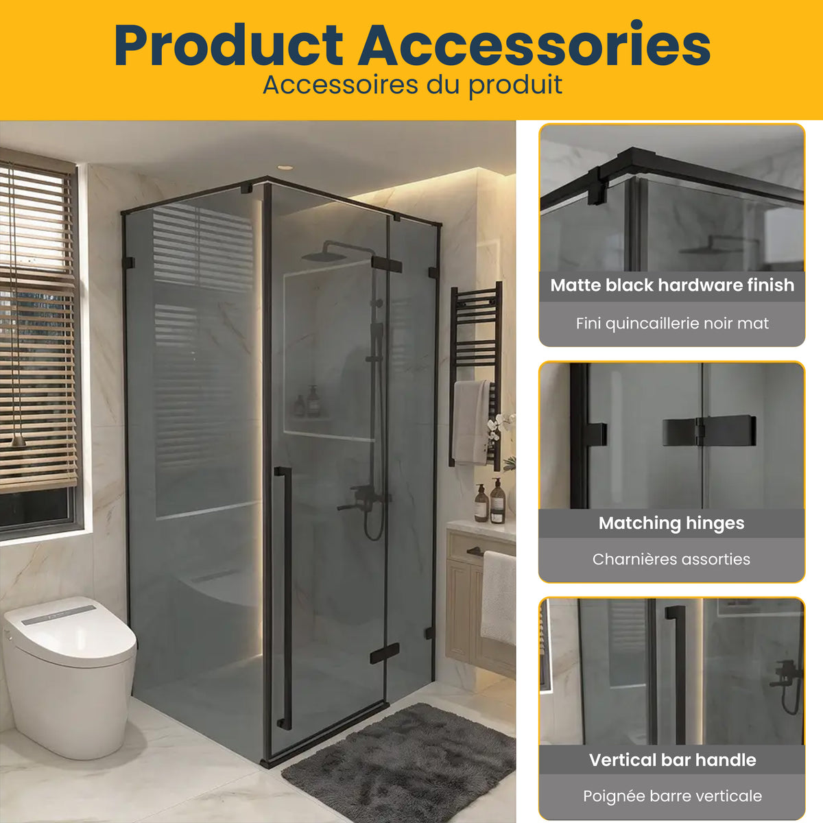 45,6po–46po L (largeur ajustable) x 79po H Porte de douche pivotante réversible sans cadre en noir mat avec panneau latéral 34,1po–34,5po – verre teinté noir