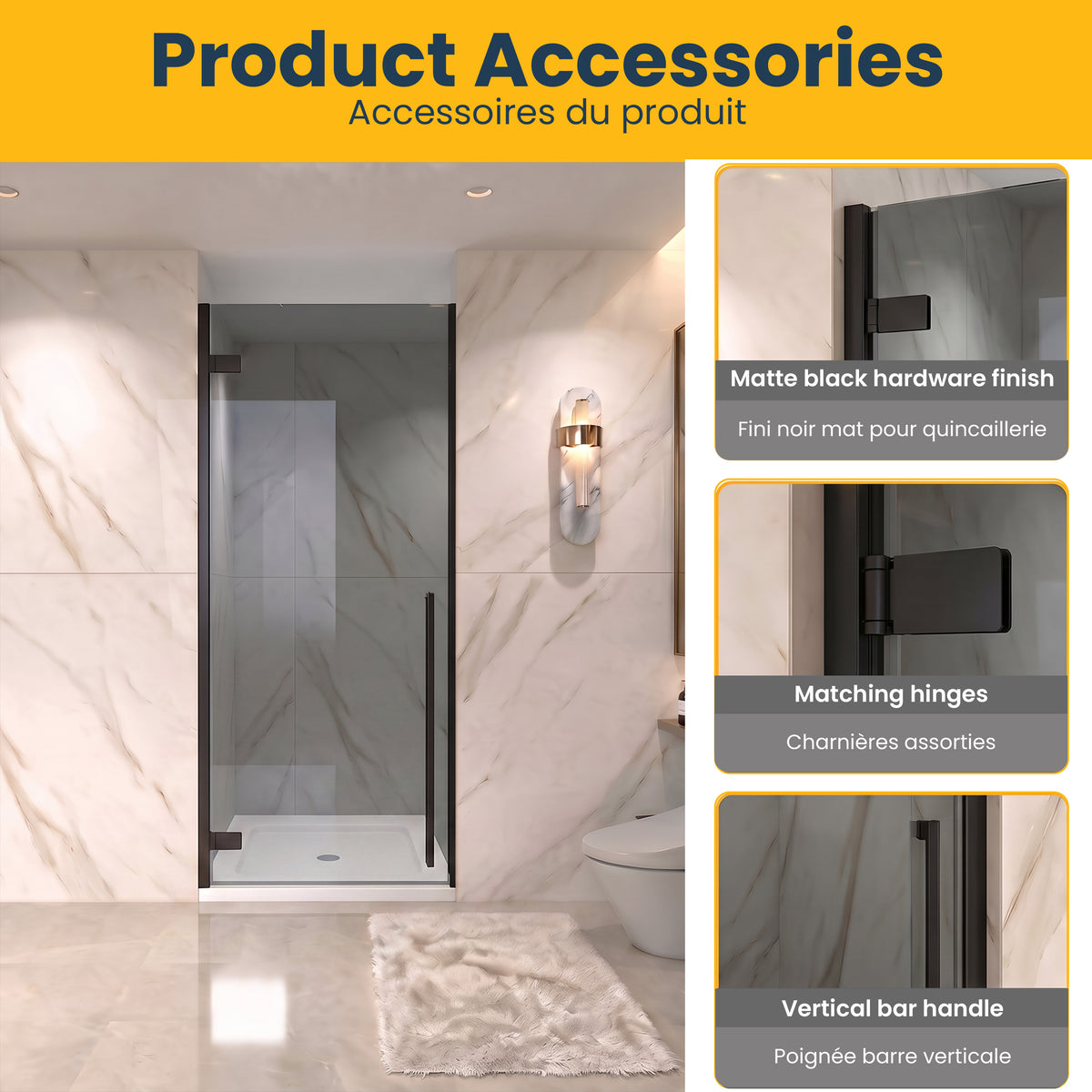 29.9"–30.3" W (Adjustable Width) x 79" H Frameless Reversible Pivot Shower Door in Matte Black with White Acrylic Base