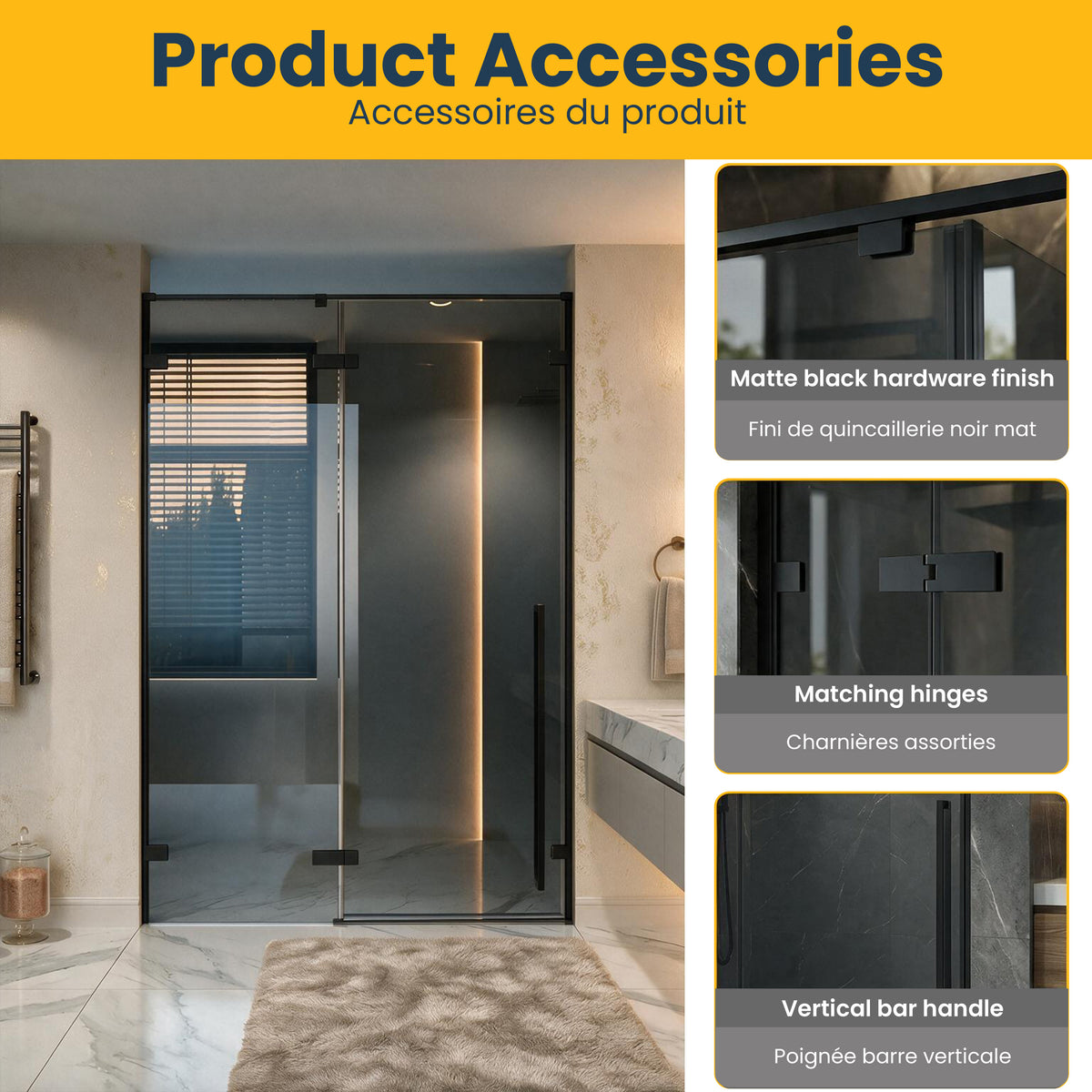 57,6po–58po L (largeur ajustable) x 79po H Porte de douche pivotante réversible sans cadre en noir mat avec verre teinté noir