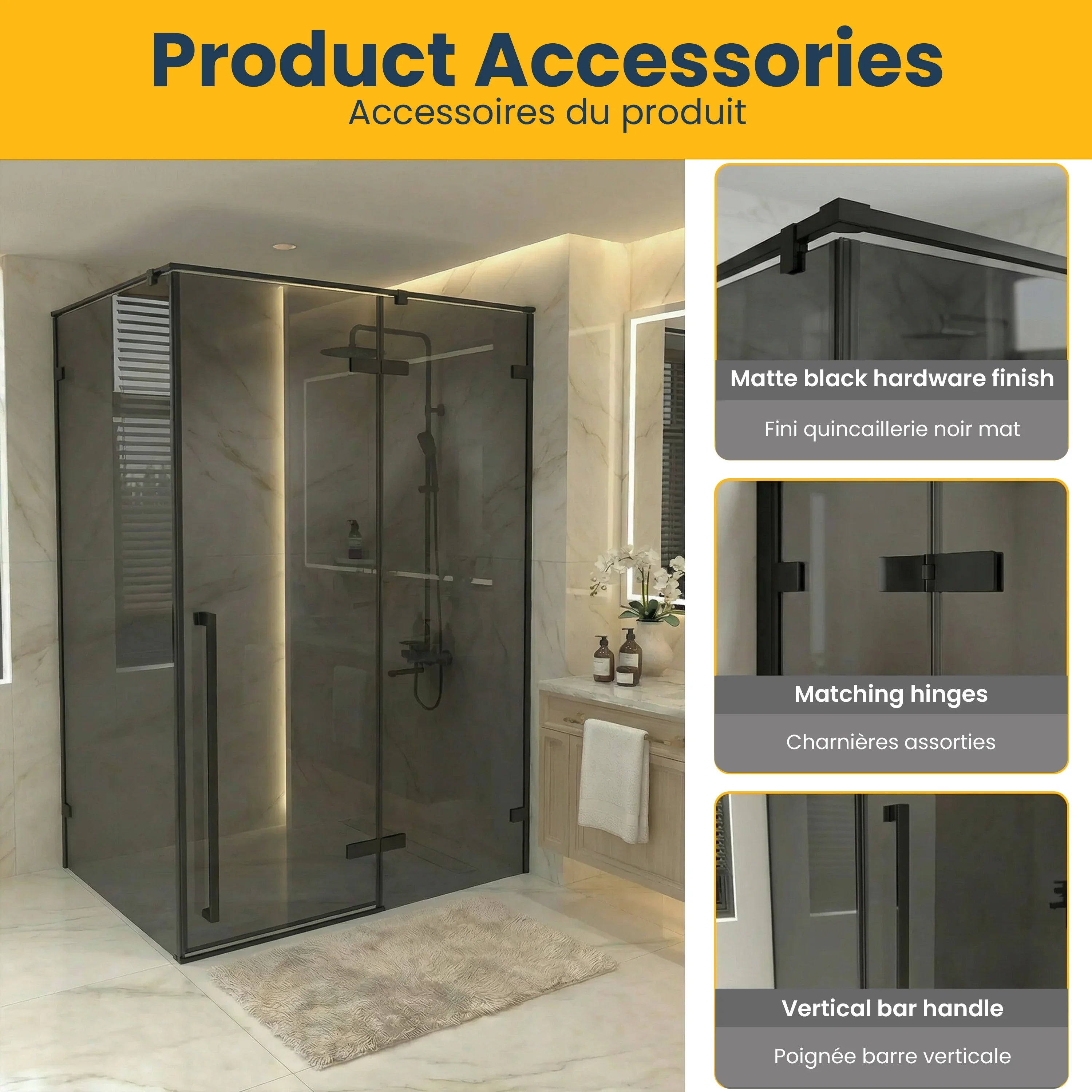 60" x 79" Matte Black Reversible Pivot Shower Door with 36" Black Tinted Glass Side Panel