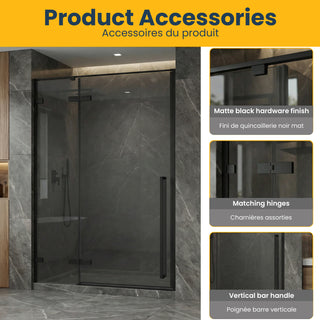 60 po x 79 po Panneau de Porte de Douche Fixe Pivotante Noir Mat Réversible avec Verre Teinté Noir sans base