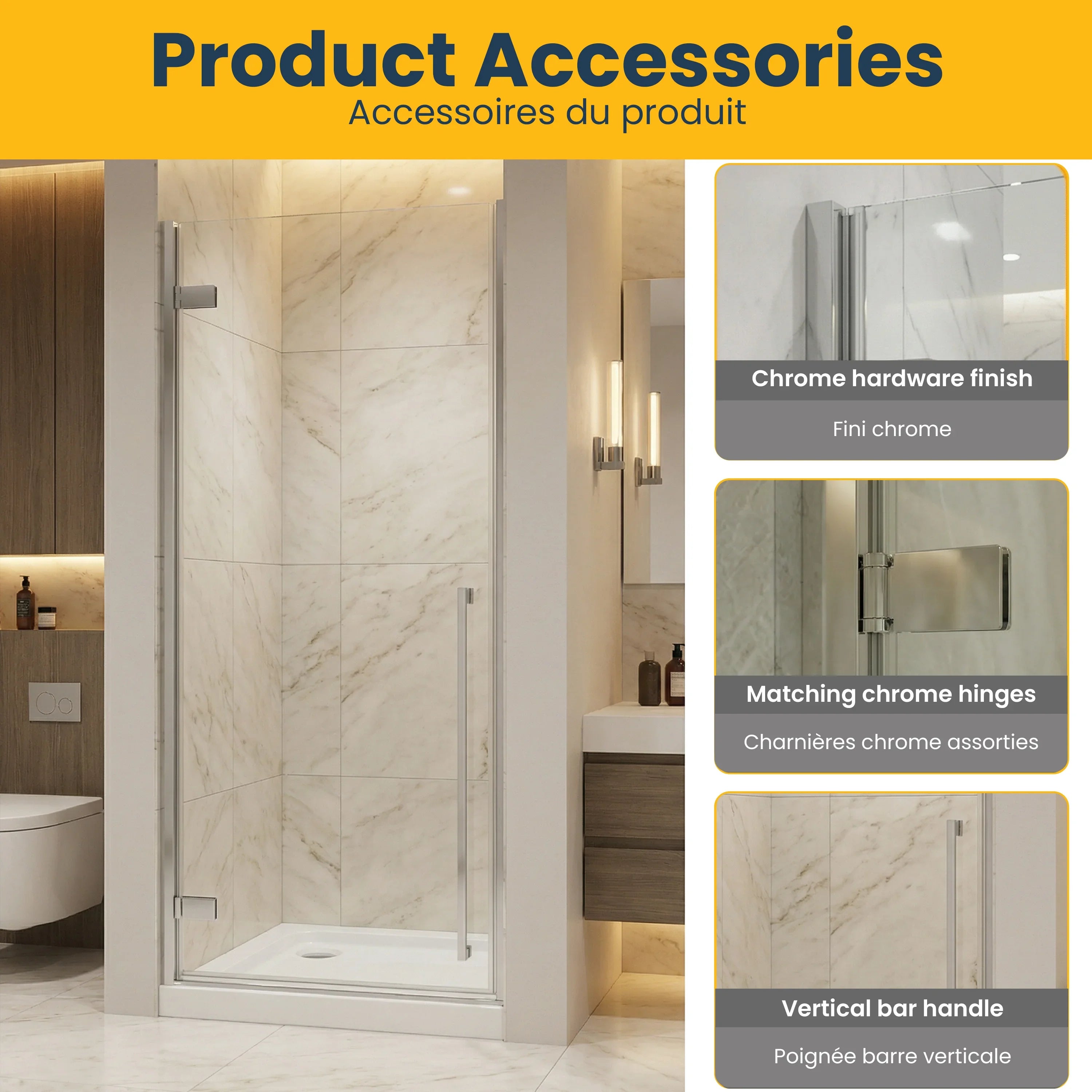 Porte de douche pivotante chrome réversible 32po x 79po avec base acrylique blanche 32po x 32po