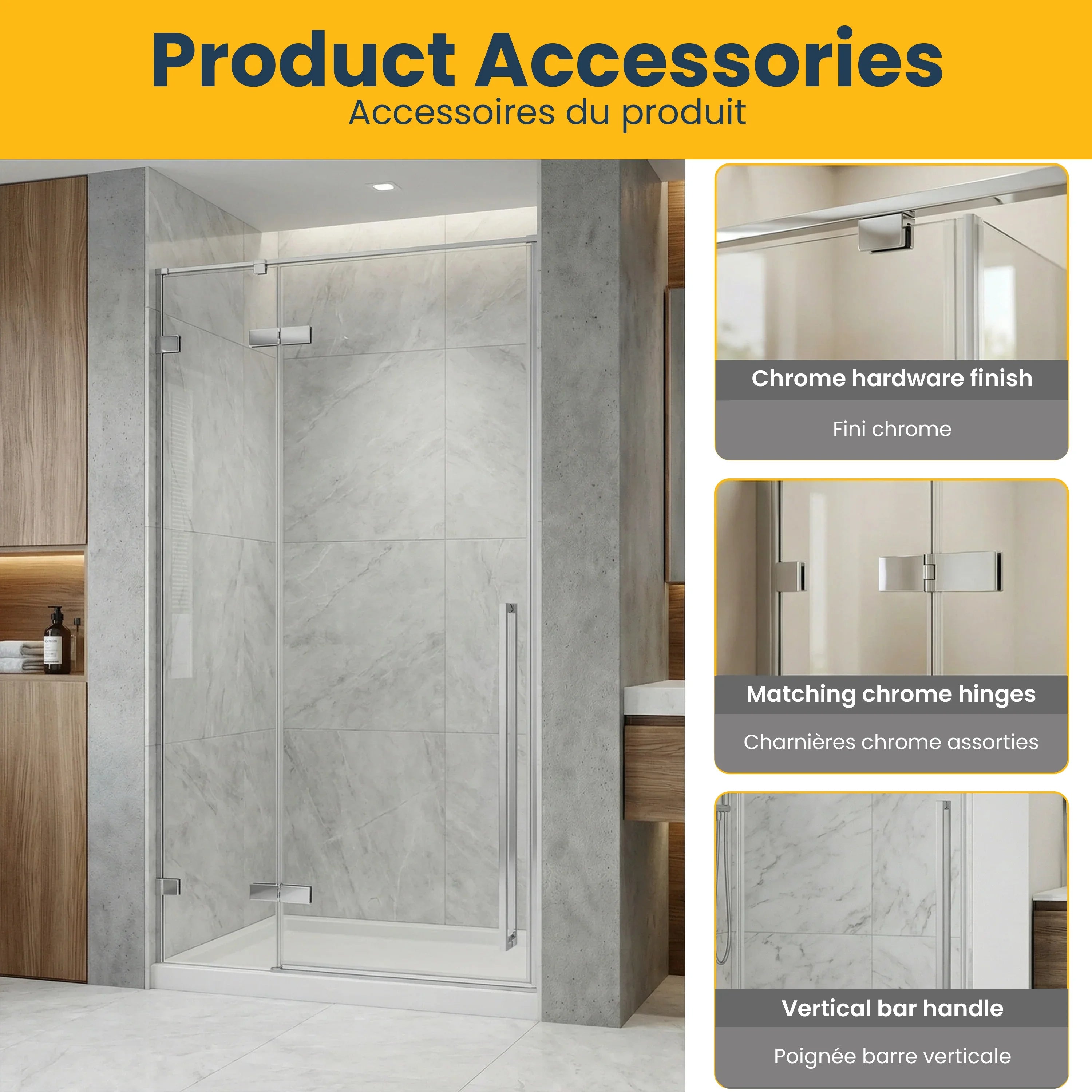 Porte de douche pivotante chromée réversible 48po x 79po avec verre trempé 8mm