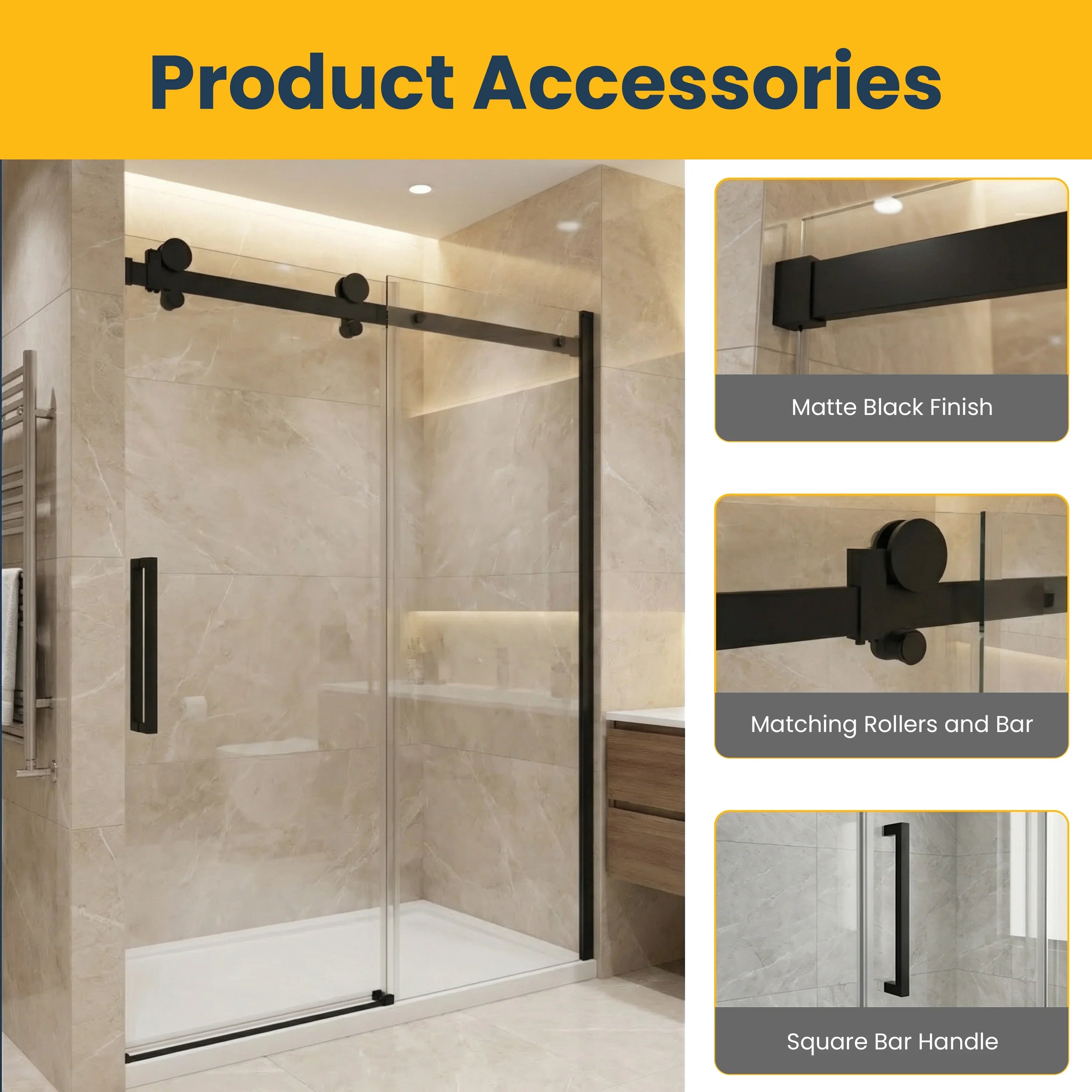 60" x 75" Alcove Reversible Sliding Shower Door with Matte Black Square Hardware