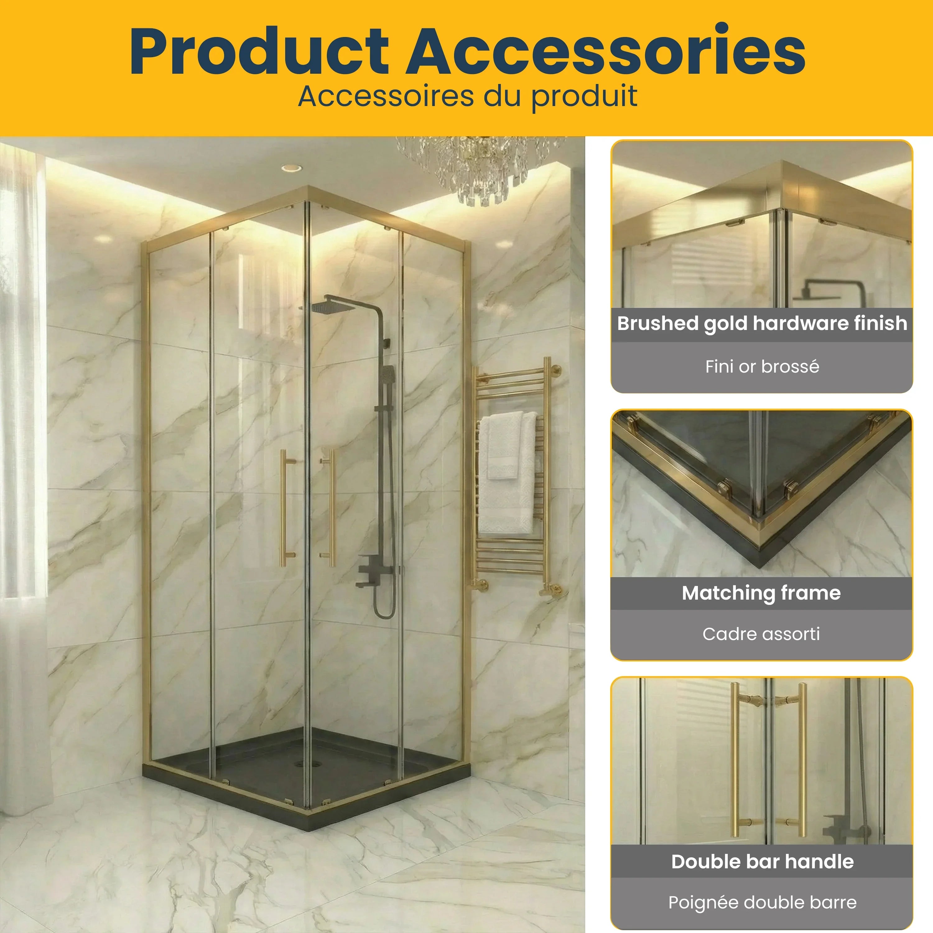 Porte de douche coin coulissante or brossé 36po x 36po avec base acrylique noire brillante